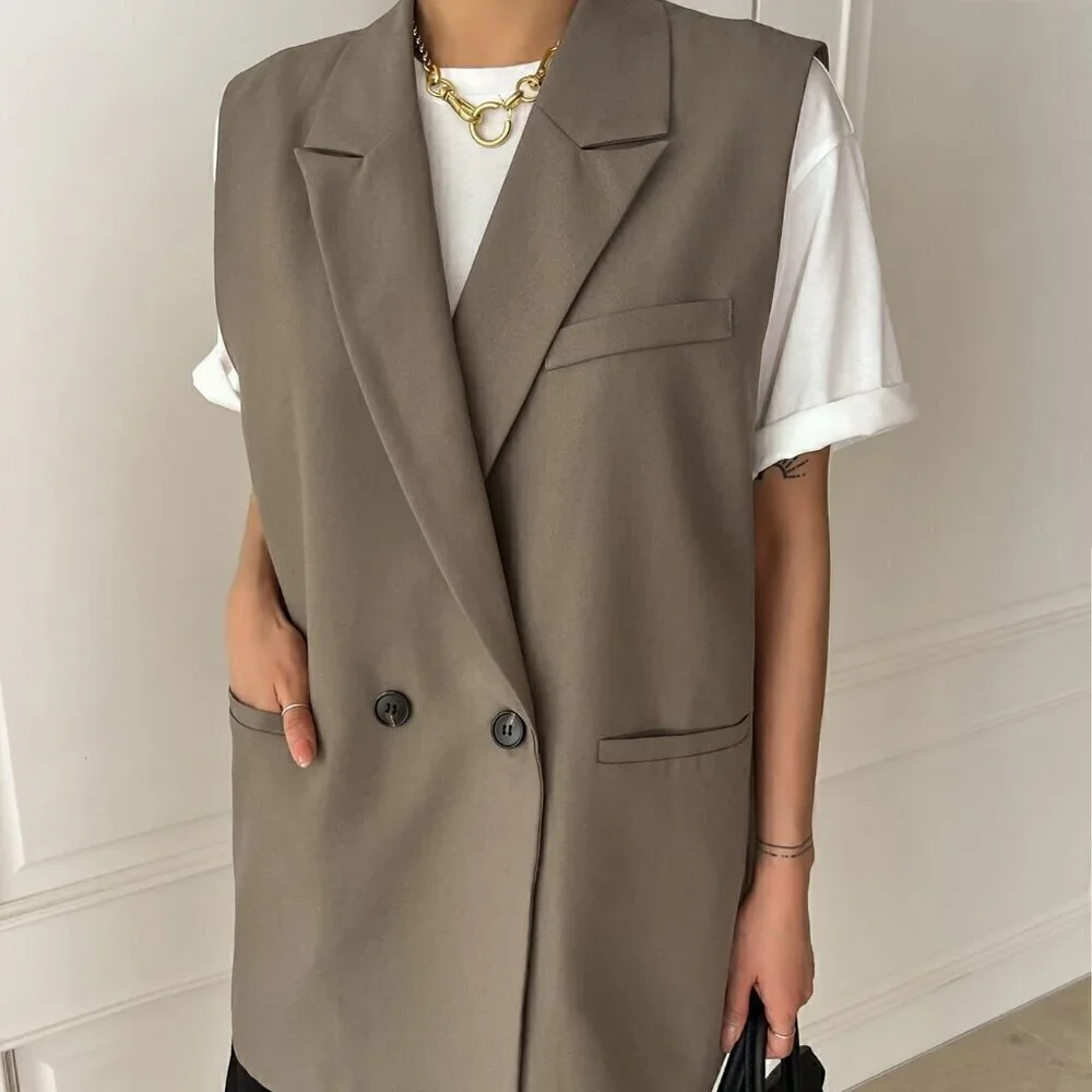 Khaki Casual Women's Double Button Double Pocket Vest Blazer
